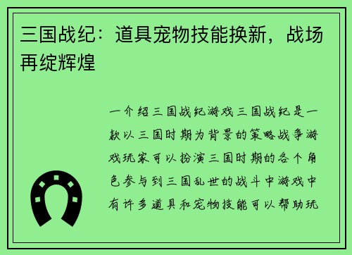 三国战纪：道具宠物技能换新，战场再绽辉煌